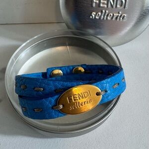 Fendi Selleria Blue Leather Bracelet with Gold Logo